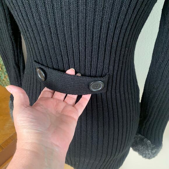 Vintage 90s Y2K Size M Faux Fur Collar Ribbed Kni Cardigan Sweater Black Winter - Picture 6 of 9